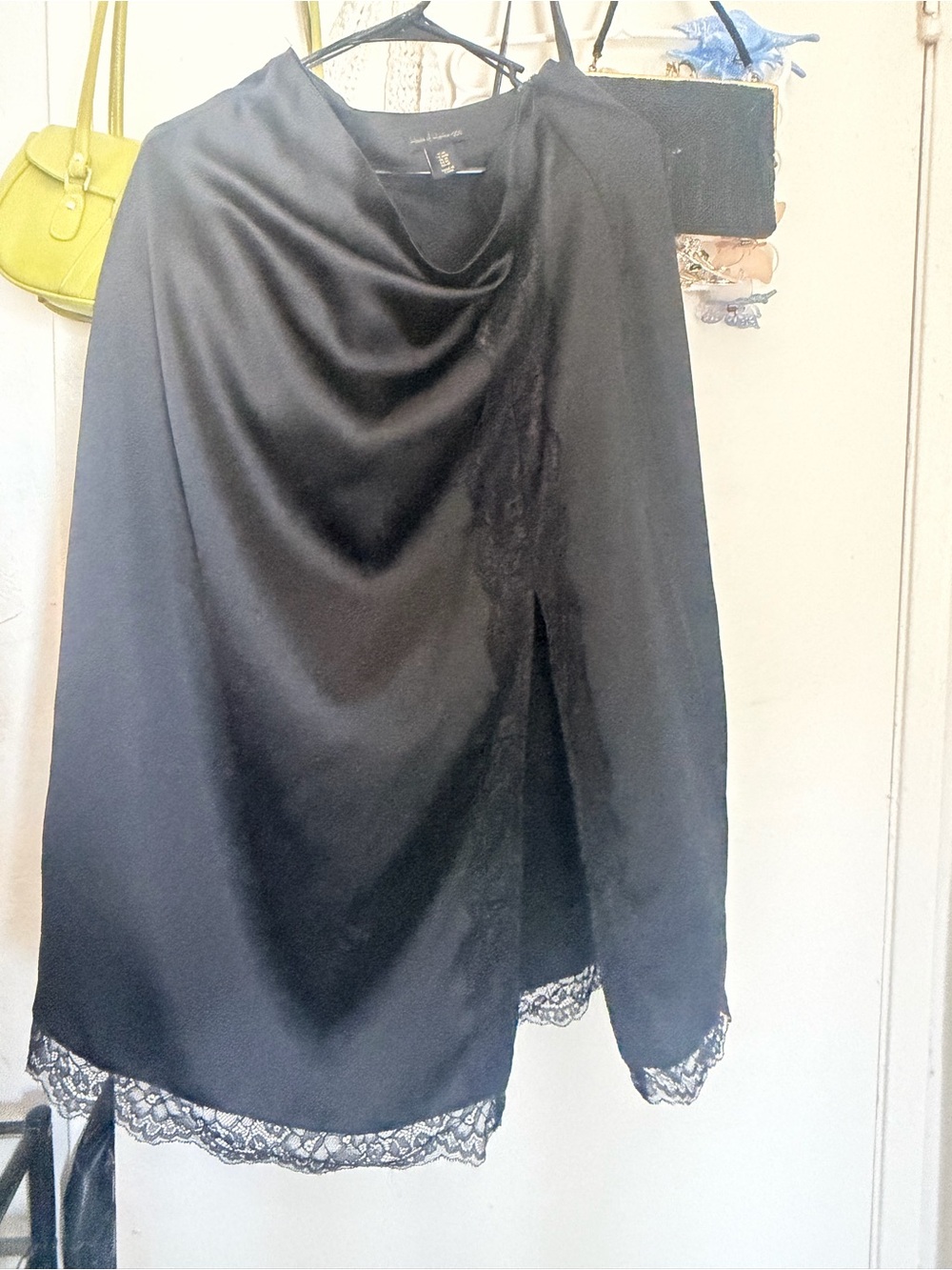 House of Harlow 1960 Black Satin Lace Midi Skirt Slit